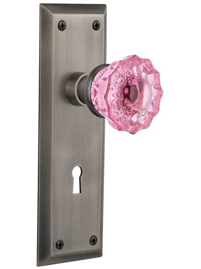 New York Door Set with Keyhole and Colored Fluted Crystal Glass Knobs Pink in Antique Pewter.